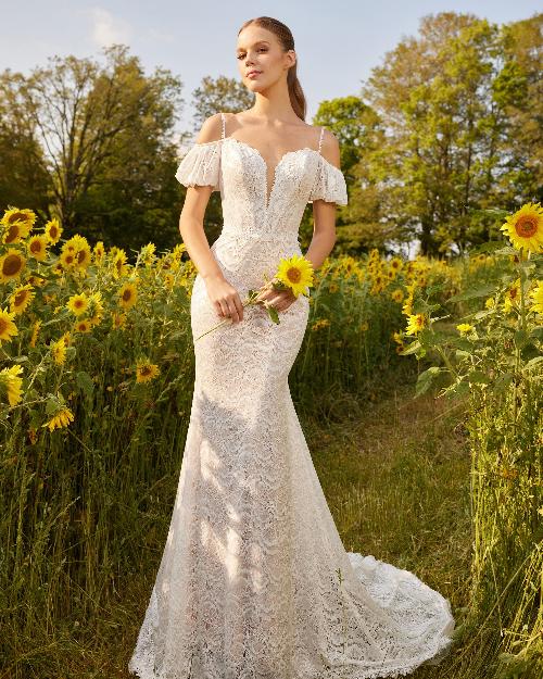 Lp2210 off the shoulder boho wedding dress with puff sleeves and stretch lace1